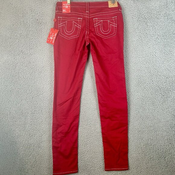 New TRUE RELIGION Size 16 (30) Red Super Stretch Skinny Embroidered Pockets Y2K - Picture 3 of 11